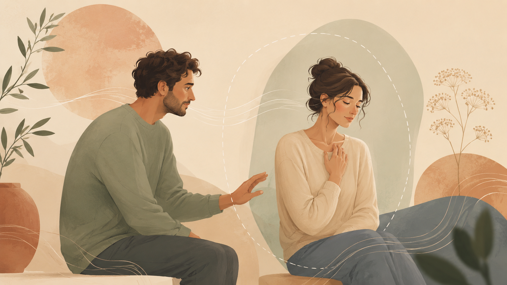lustración de dos personas adultas sentadas cerca, con una distancia simbólica entre ellas, representando el deseo de vínculo y la necesidad de espacio en las relaciones.
